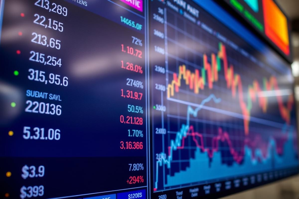 A digital display combining sports statistics and commodity trading graphs representing innovation in financial markets.