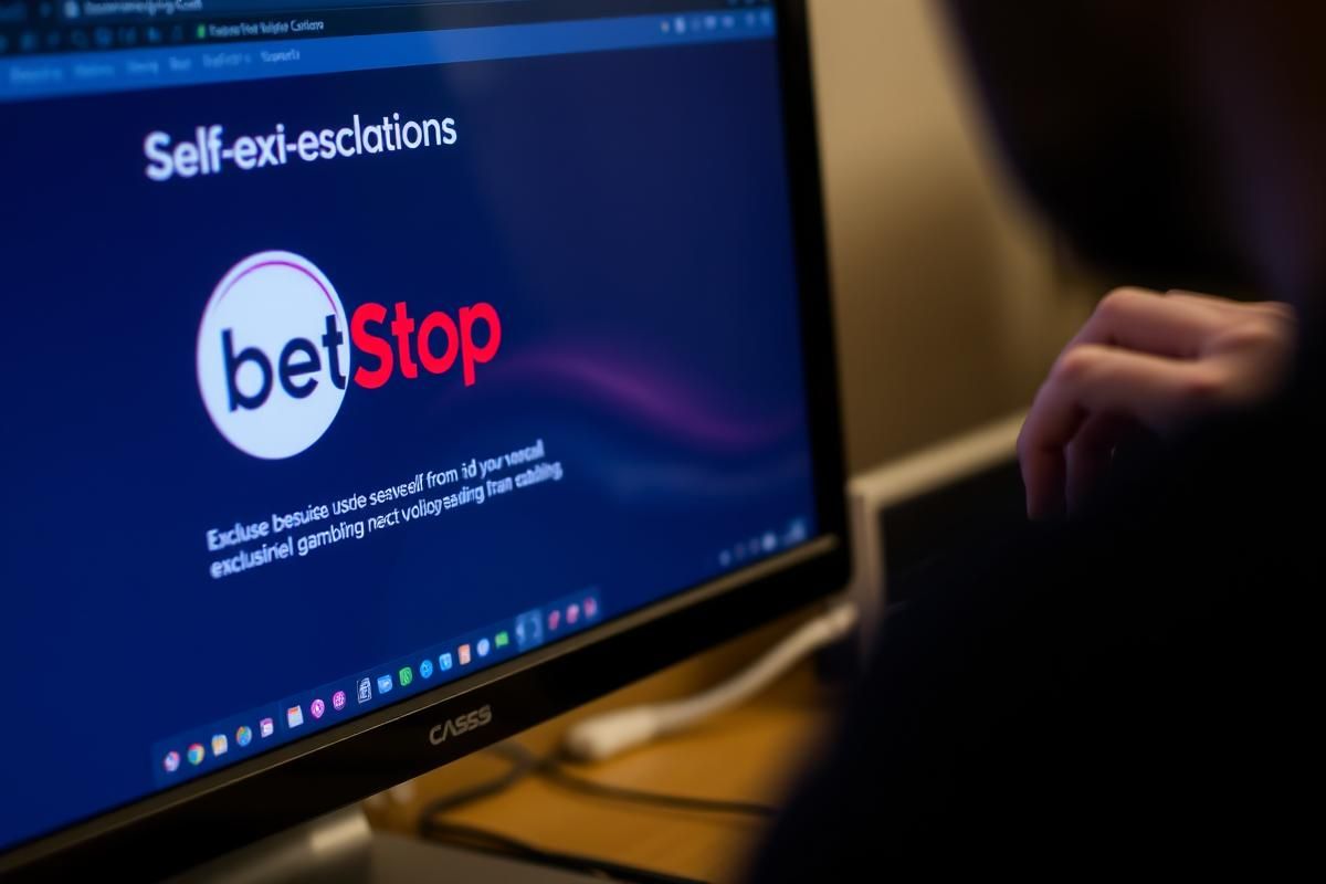 A digital self-exclusion screen showing BetStop logo and options for gamblers to exclude themselves from online gambling platforms.