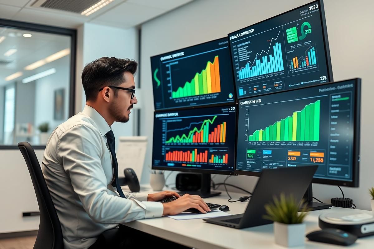 A financial analyst in an office reviewing economic data and charts highlighting Brazil's betting sector growth in 2025.