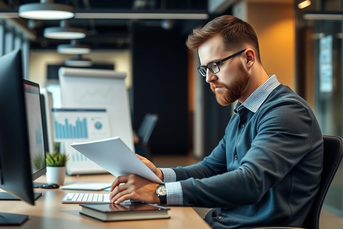 A financial expert managing governance for gambling-related funding programs in a modern office.