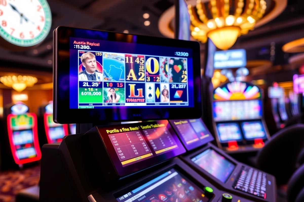 A gaming monitoring device in an Australian casino, surrounded by bright lights and a modern design.