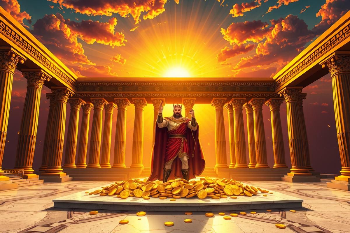 A golden palace with stunning Greek architecture, featuring King Midas surrounded by treasures and coins.