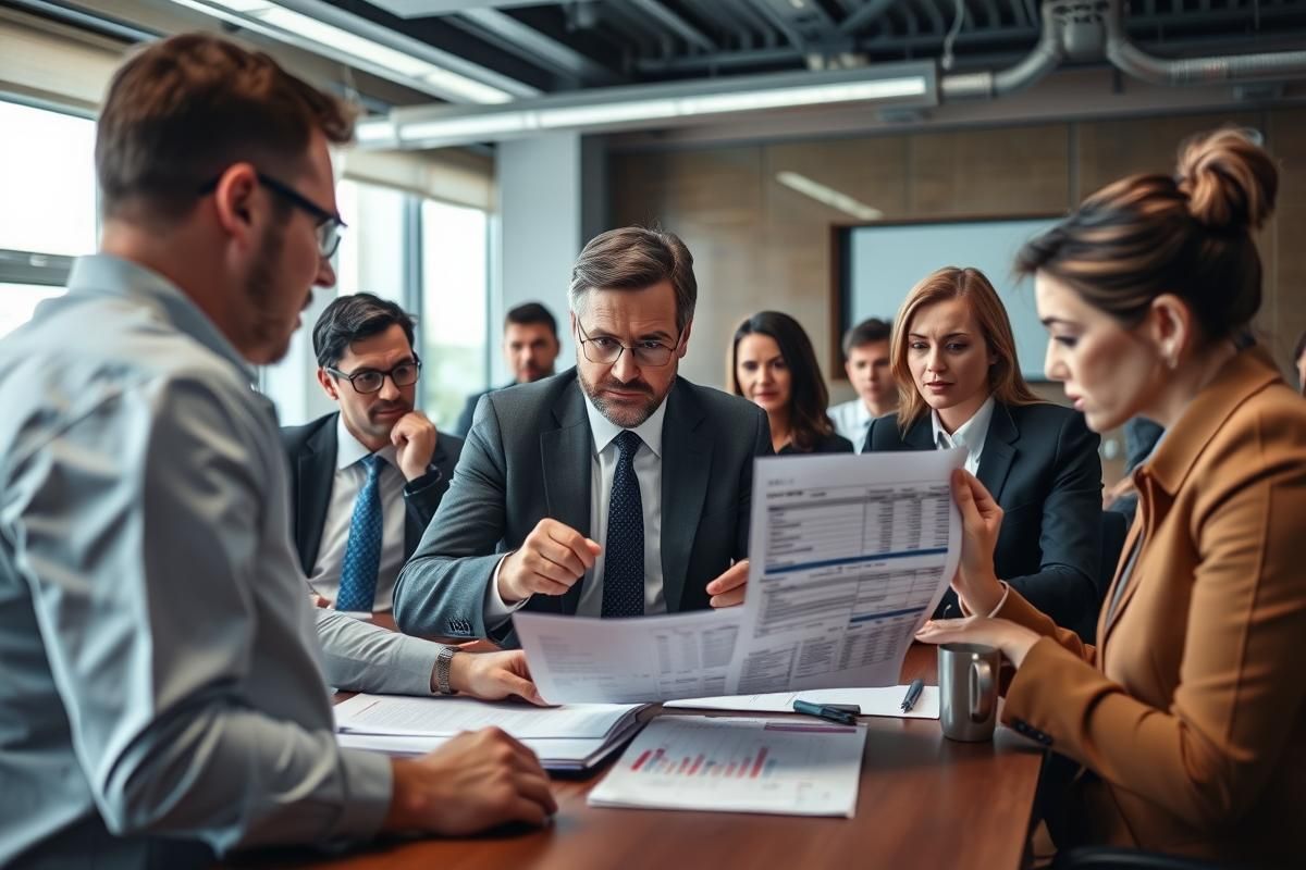 A group of executives analyzing financial documents related to a high-profile fraud case.