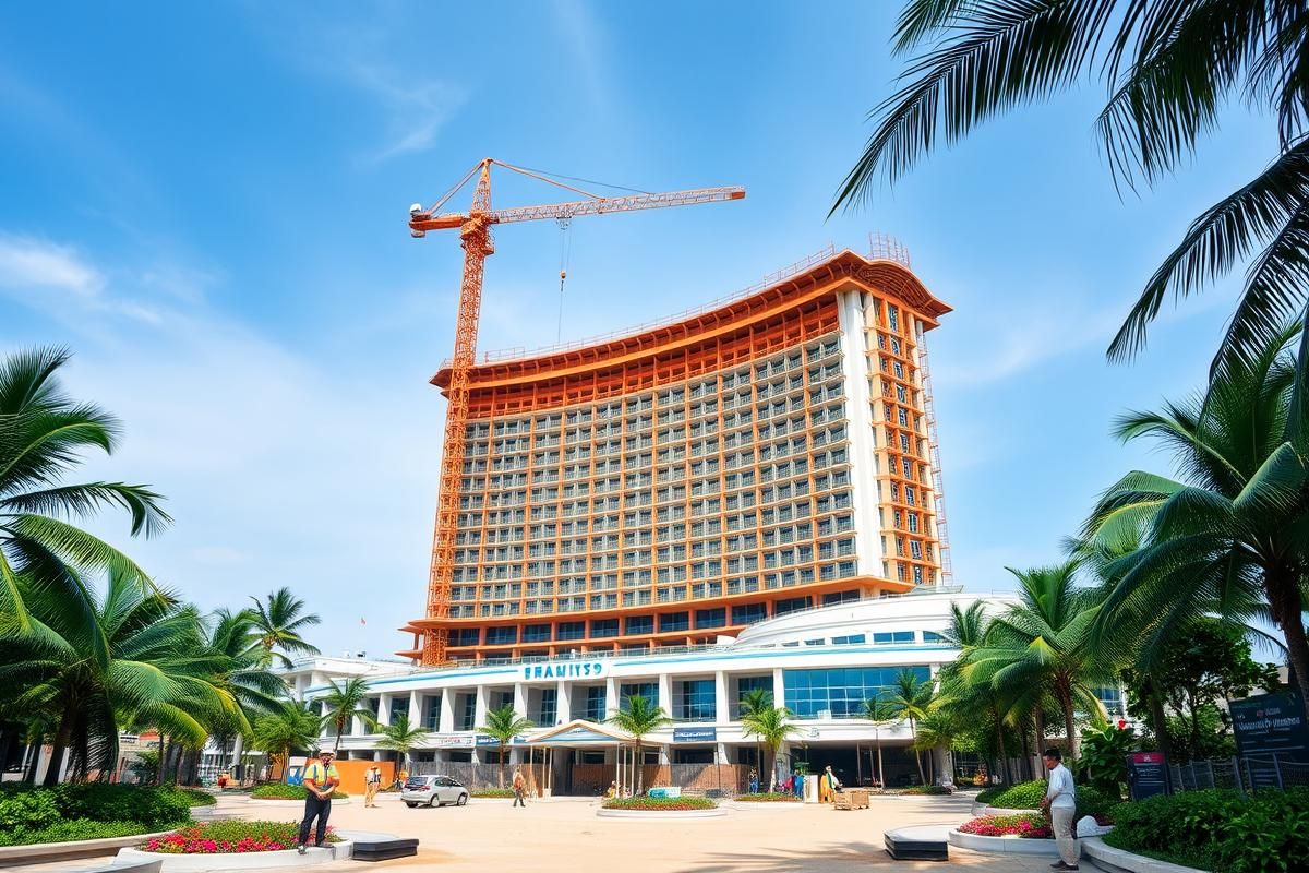A high-end casino resort under development in Thailand, surrounded by lush tropical landscapes.