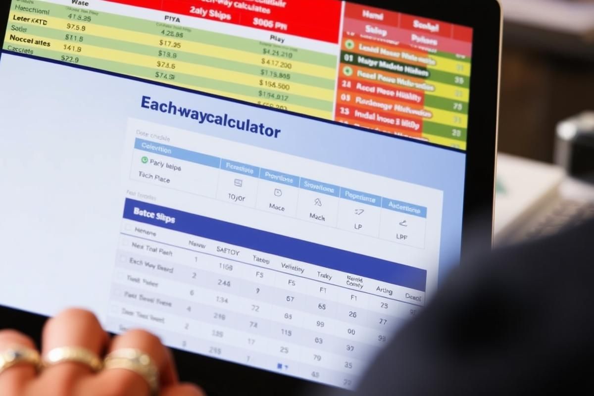 A laptop showing an Each-Way Calculator, betting slips, and a race schedule.