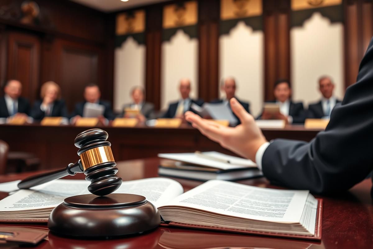 A legal courtroom scene with a judge's desk, gavel, and lawyers in action.
