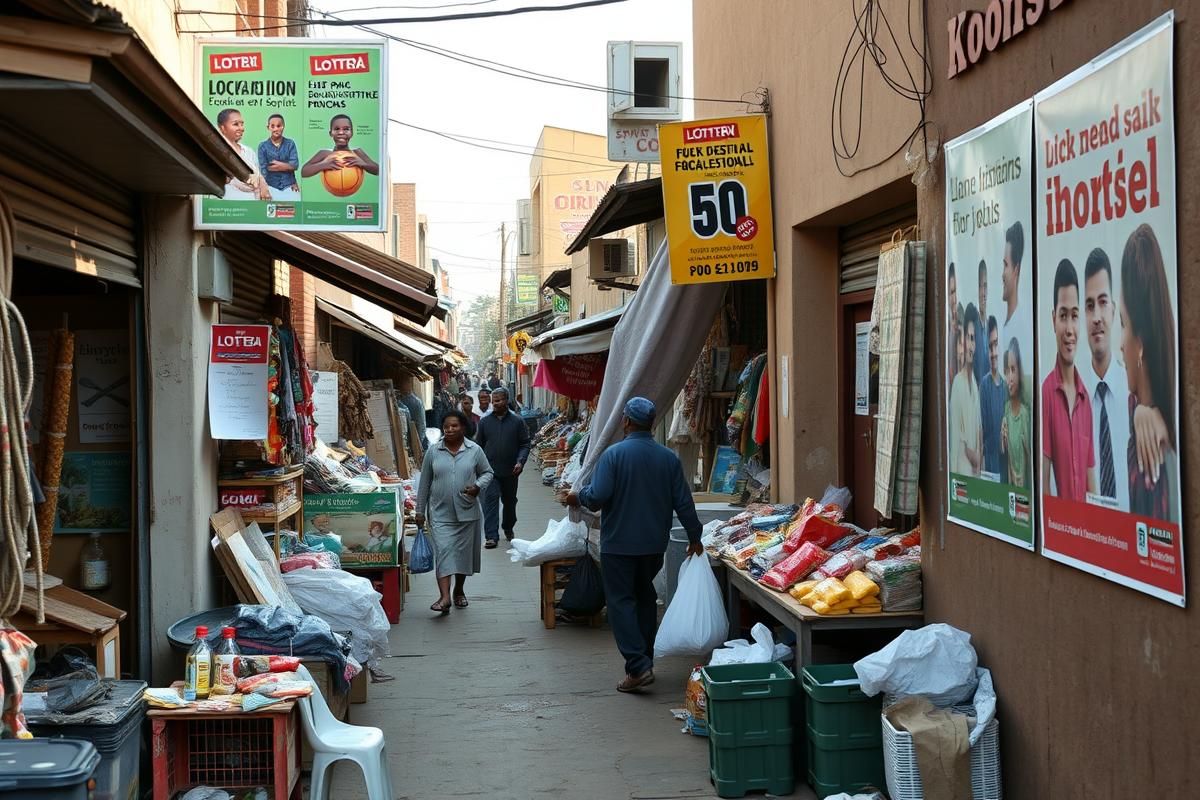 A local South African market with vendors and lottery promotional materials on display.