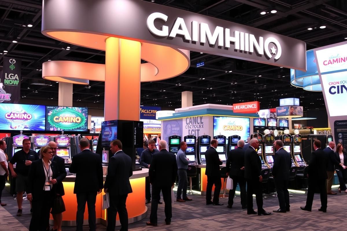 A modern casino trade show booth showcasing AGS technologies and product offerings in the US.