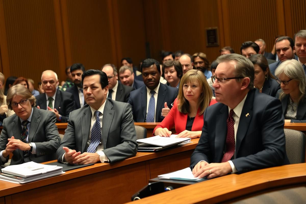 A modern New York City council chamber during a debate and vote on a contentious Bronx casino project.
