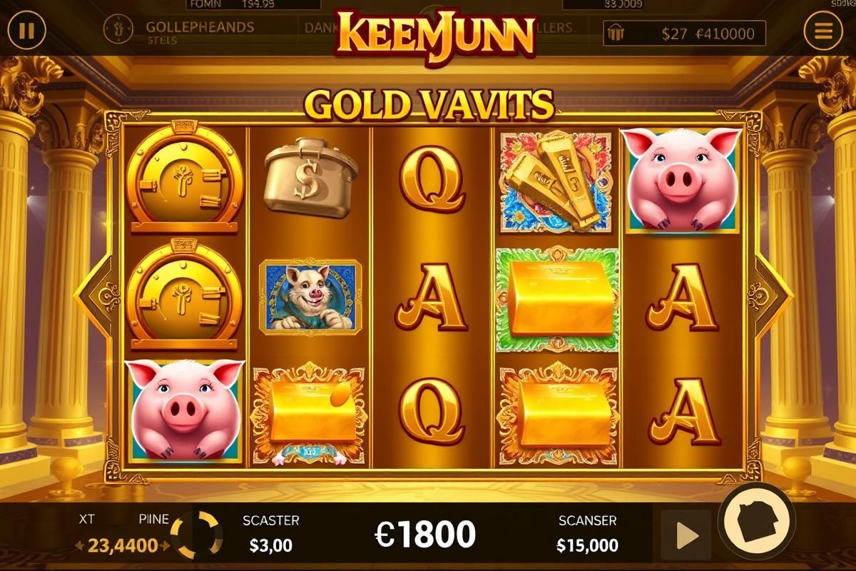 A modern slot game with golden reels and symbols like vaults, coins, and scatter icons, set in a luxurious golden bank environment.