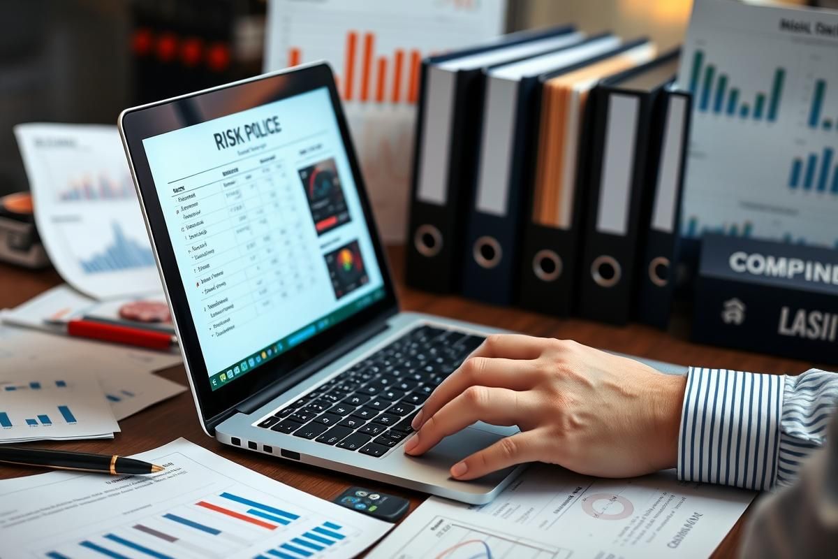 A professional analyzing financial risk policies on a laptop, with charts and compliance materials visible in the background.