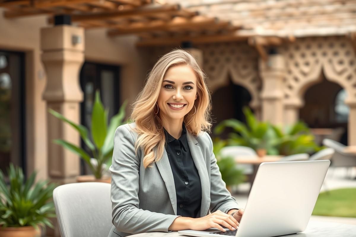 A professional businesswoman working in an outdoor setting with African architecture.