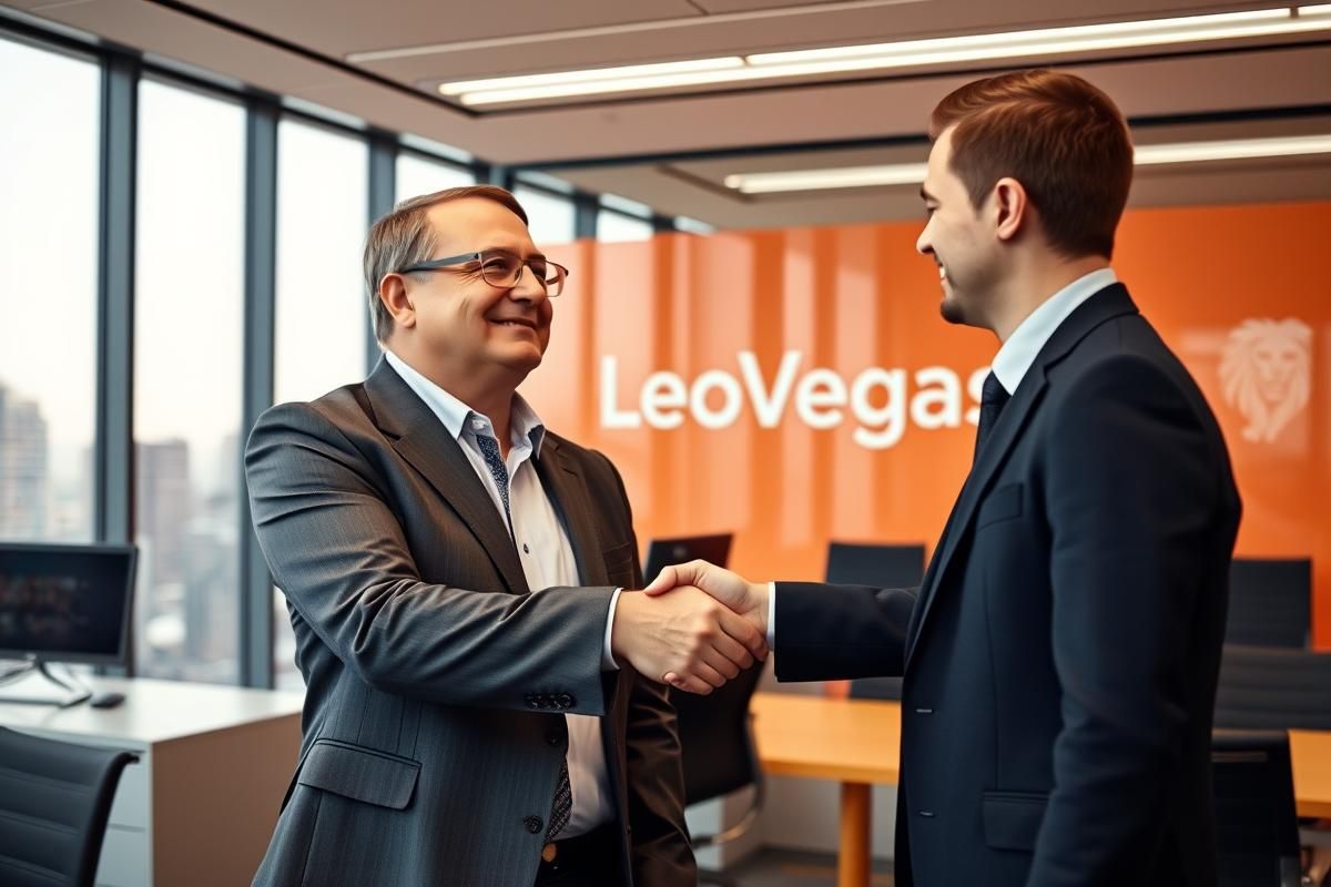A professional image showing a corporate leadership change at LeoVegas, with executives shaking hands in a modern office environment.