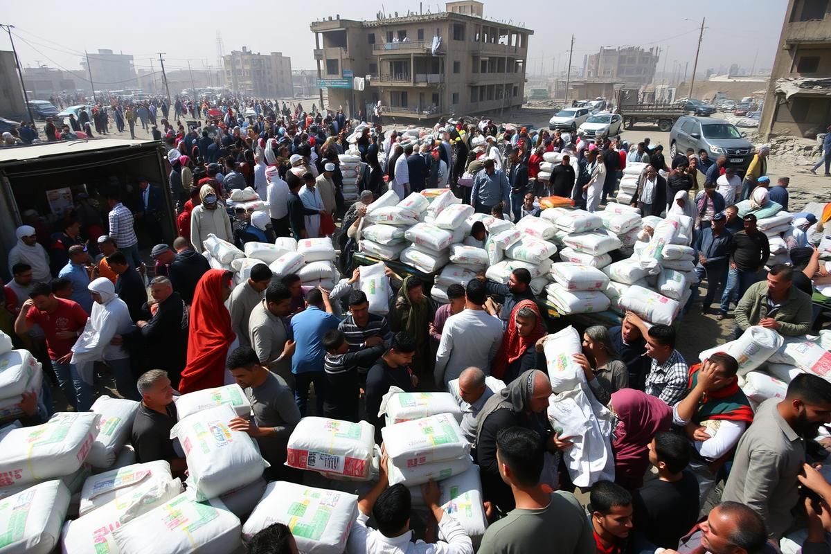 A scene from Gaza showing a crowded aid center with destruction and people in distress.