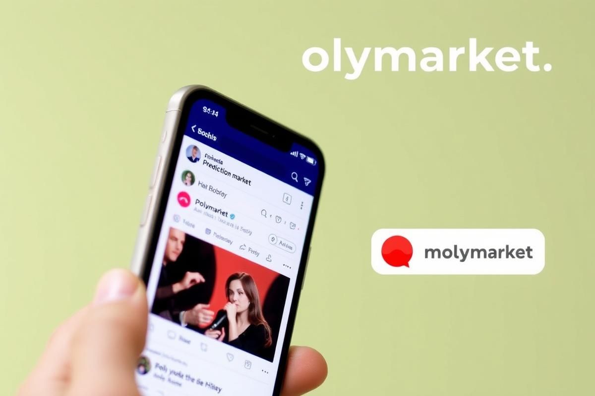 A smartphone screen displaying the Polymarket app integrated with X’s social media platform, emphasizing predictive insights.