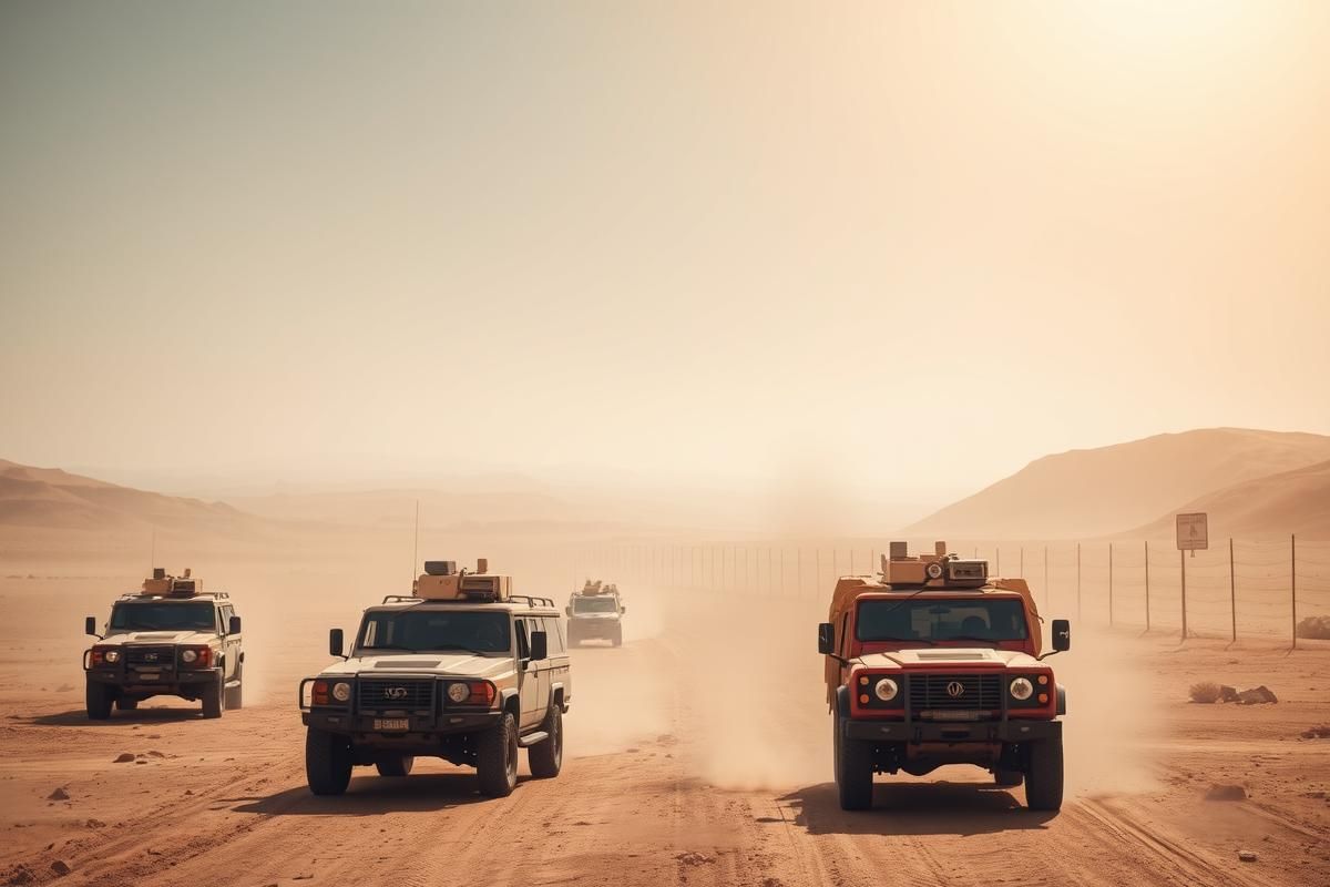 A tense Middle Eastern border with military vehicles during the Israel-Iran ceasefire.