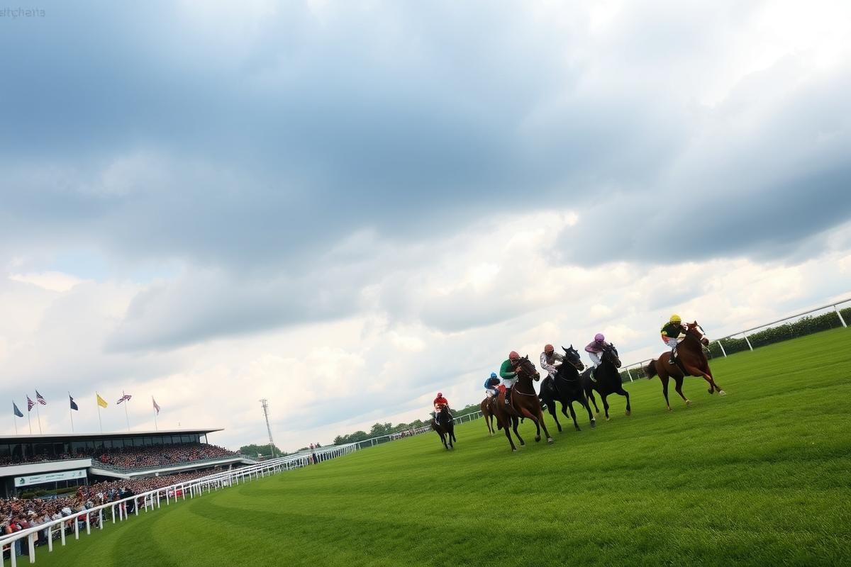 A UK horseracing event, featuring horses racing on a track with spectators in the stands.