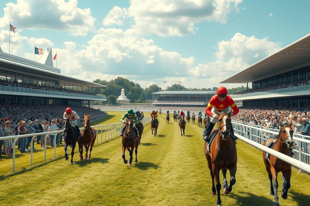 A vibrant horse racing scene at Royal Ascot with jockeys and cheering crowds.