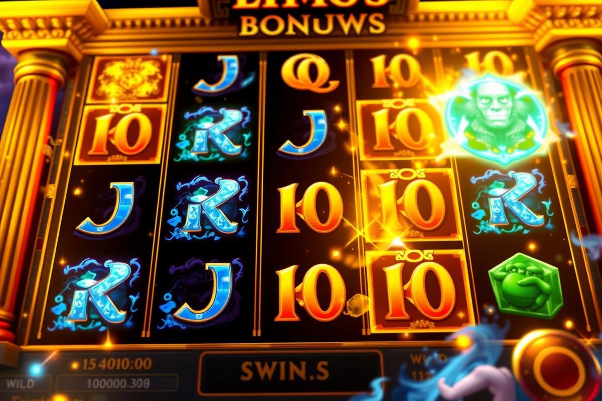 A vibrant slot game screen showcasing scatter symbols and wild multipliers with Greek mythology themes.