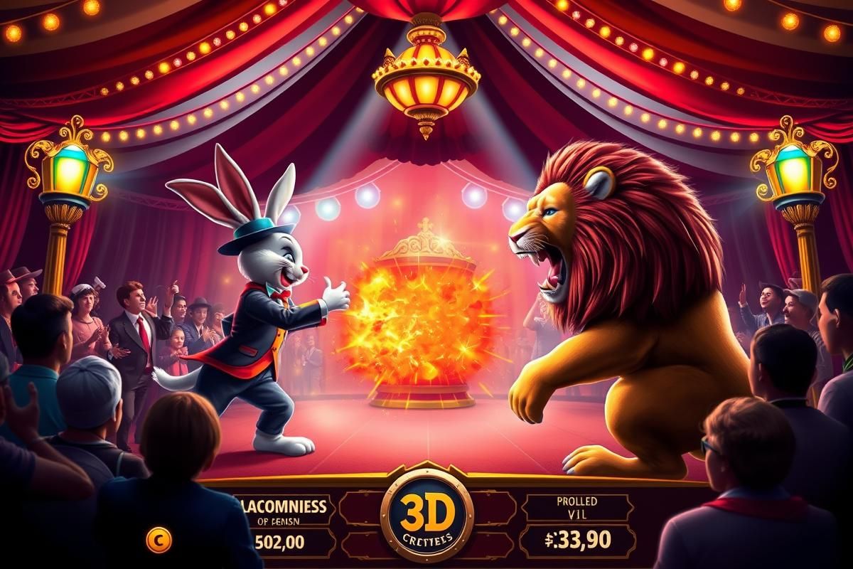 A vibrant slot machine with rabbit and lion characters showcased under a circus tent.
