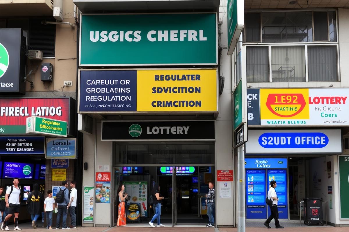 A vibrant urban scene showing regulated gambling and lottery storefronts in a Brazilian city.