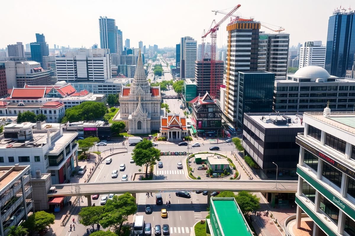 A vibrant view of Bangkok featuring prominent landmarks and ongoing infrastructure developments.