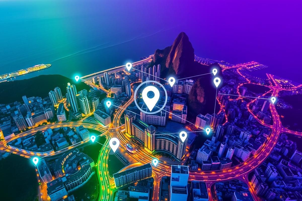 Aerial view of Rio de Janeiro with digital geolocation graphics illustrating local gambling restrictions.