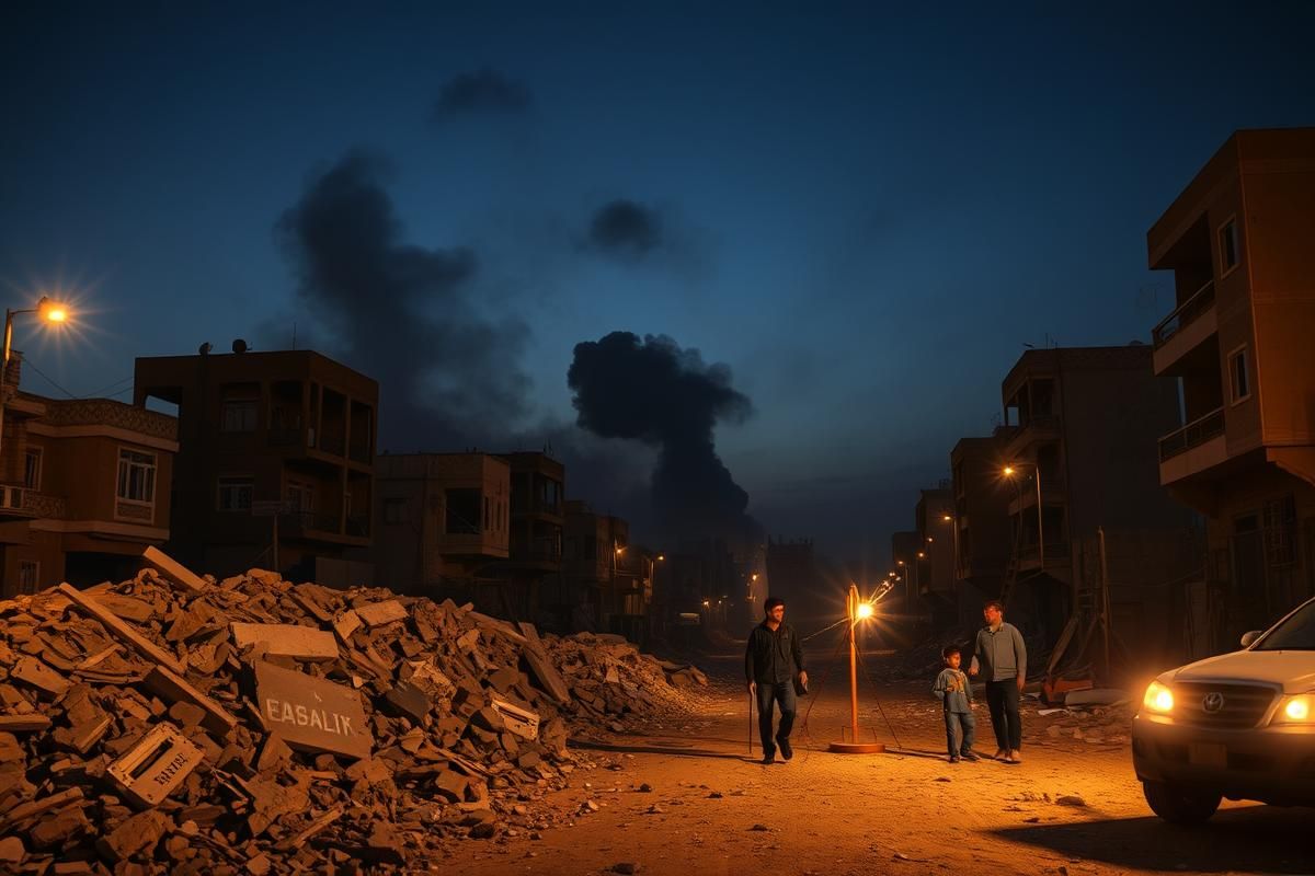 Aftermath of airstrikes in a Middle Eastern city: rubble, smoke, and people providing aid to the injured.
