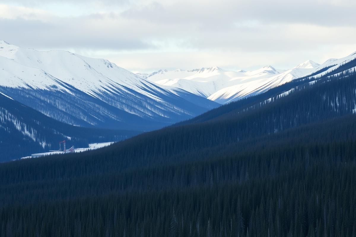 An Alaskan wilderness landscape with forests and snow-capped mountains, alongside oil drilling equipment.