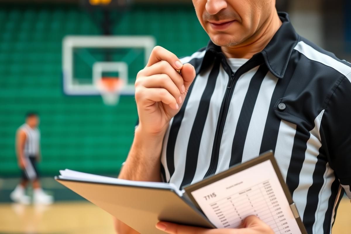 Basketball referee with whistle and clipboard on a court during match analysis.