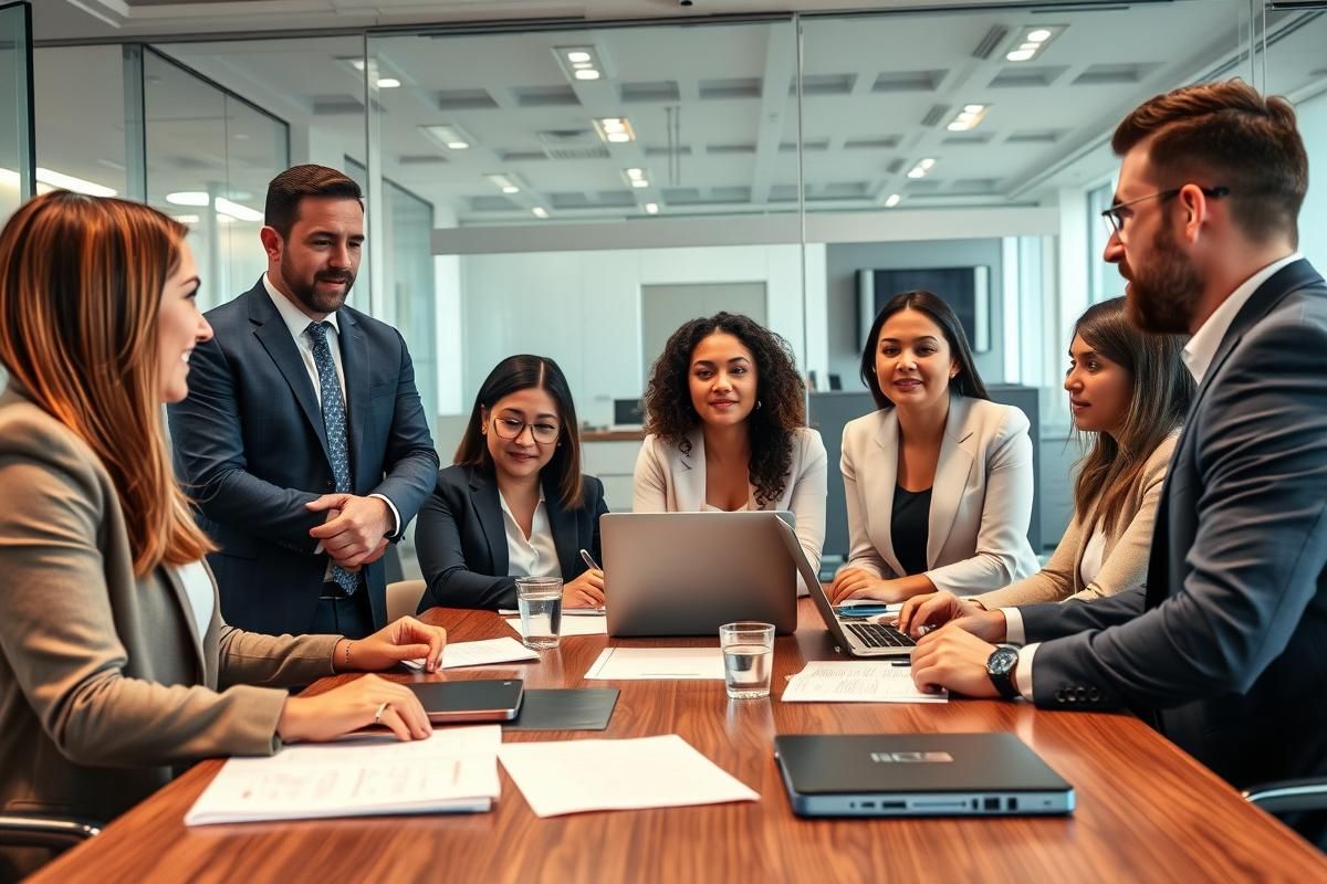 Business executives debating tax policy in a modern office setting in Brazil.