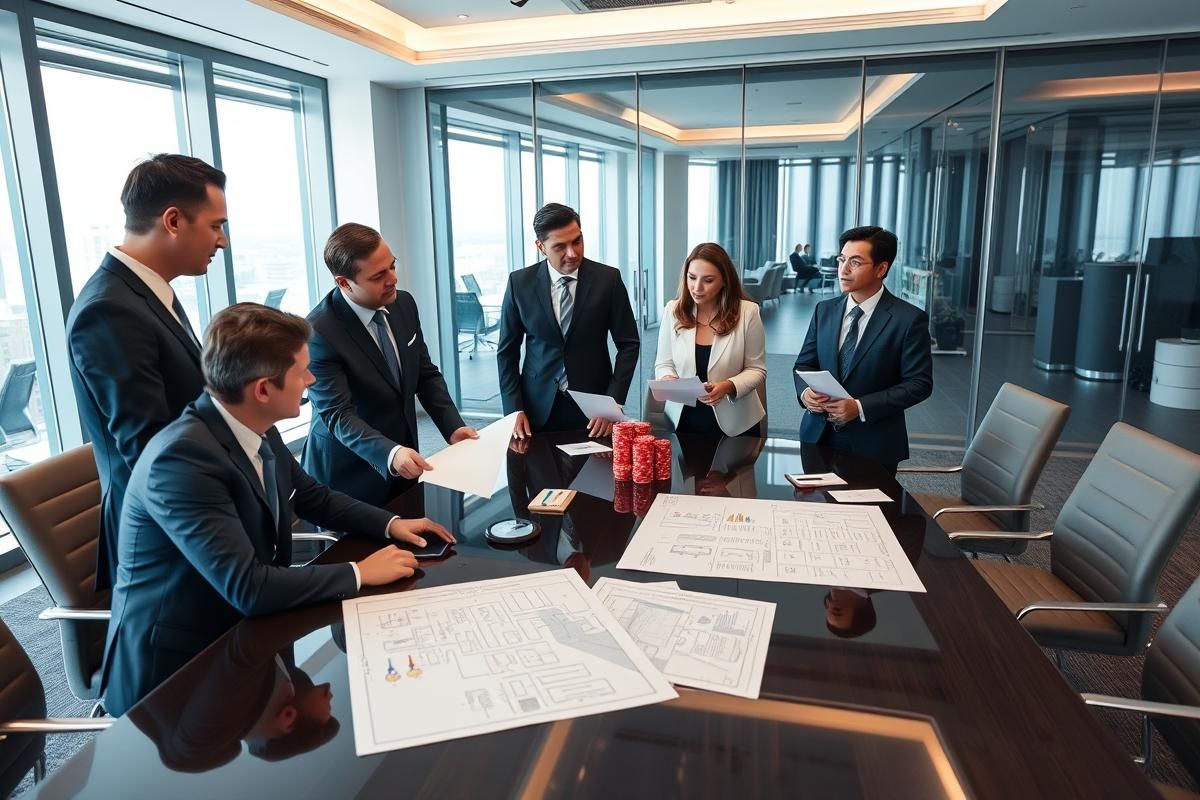 Business executives in a strategic meeting about casino industry regulations and plans.