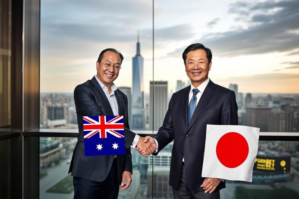 Business meeting with Australian and Japanese executives shaking hands over the PointsBet and MIXI deal.