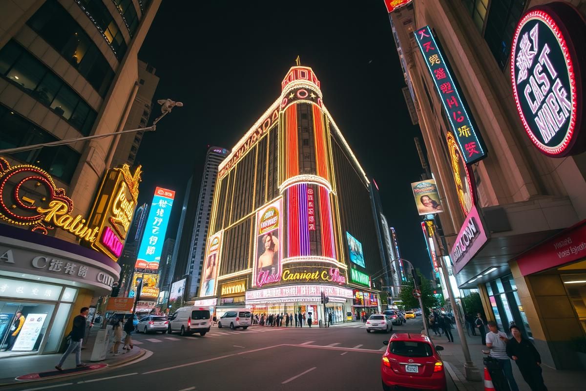 Busy street in Macau at night featuring neon casino signs and a modern urban environment.