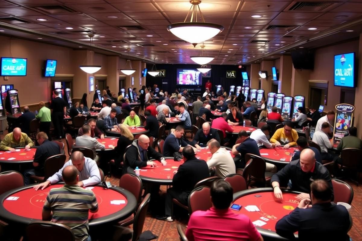 California cardroom with people playing table games like blackjack and pai gow poker in a vibrant, professional setting.