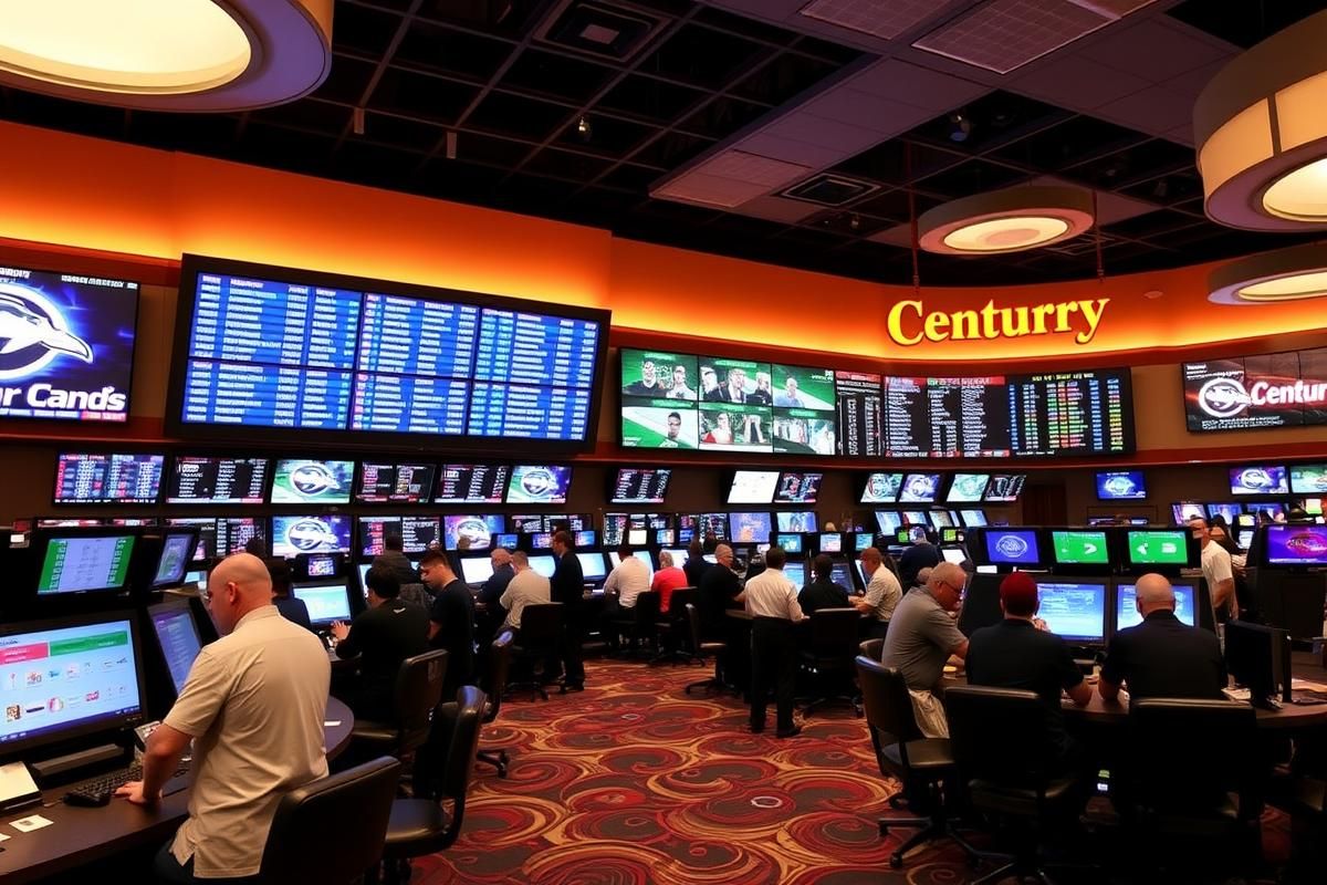 Century Casinos retail sportsbook in Missouri, customers engaging in betting activities.