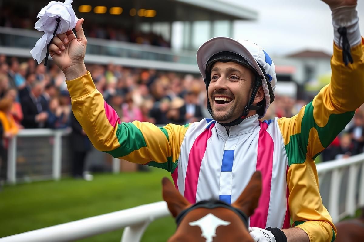 Close-up of a jockey celebrating after a race victory at Punchestown Racecourse, with cheering spectators in the background.