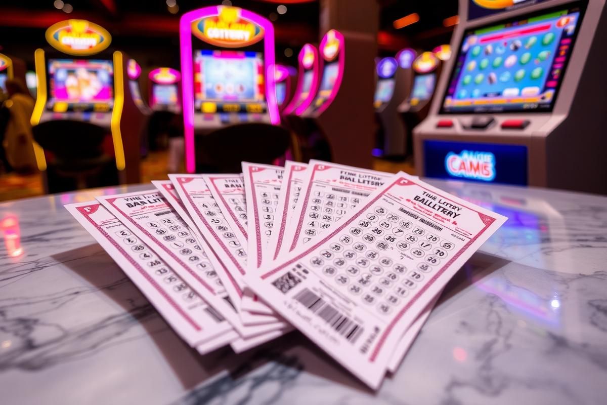 Close-up of lottery tickets from The UAE Lottery alongside modern gaming technology devices.