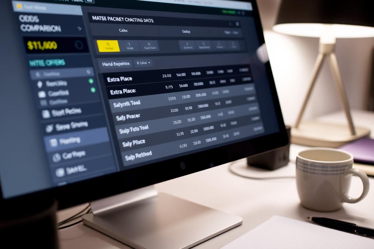 Computer screen showing a horse racing odds comparison tool with extra place offers highlighted.