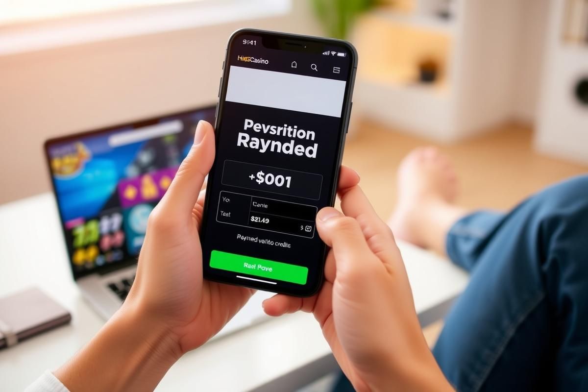 Consumer receiving refunded credits on a smartphone from High5Casino, seated in a modern home office.