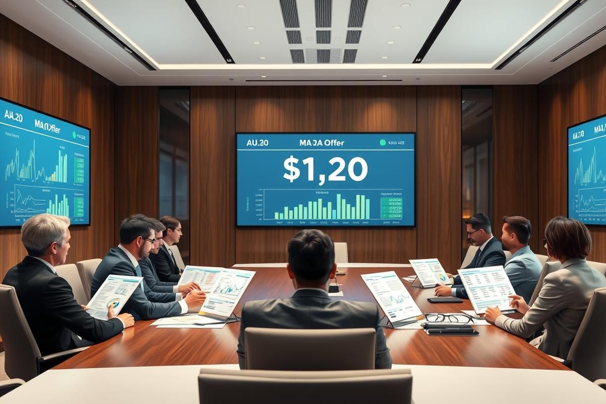 Corporate executives in a boardroom discussing financial reports related to AU$1.20 cash offer.