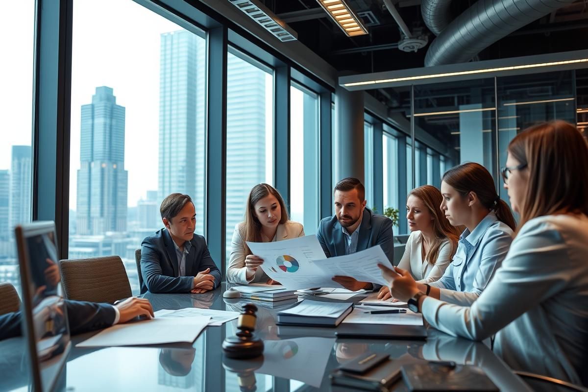 Corporate professionals discussing online gaming compliance regulations in a modern office setting.