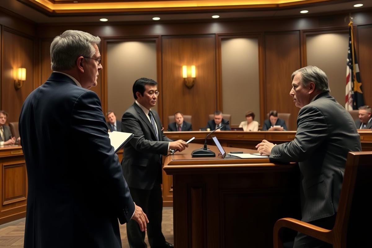 Courtroom scene with tribal casino representatives and cardroom executives in legal proceedings.