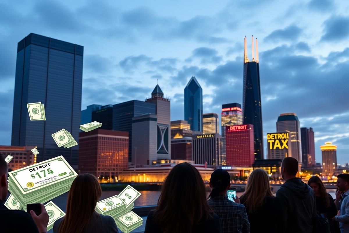 Detroit skyline with visuals of online gambling activities, including tax contributions and gaming on mobile devices.