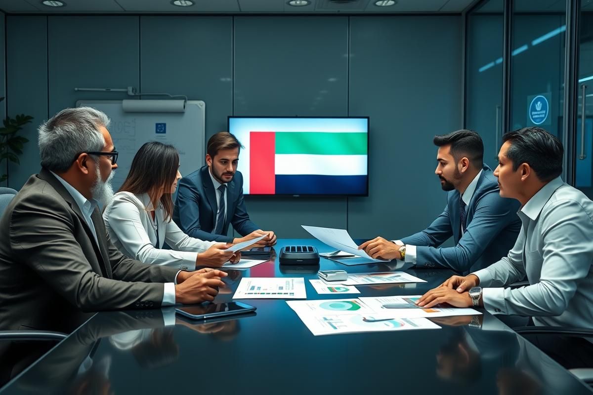 Diverse business executives discussing gaming strategies at a professional meeting in the UAE.