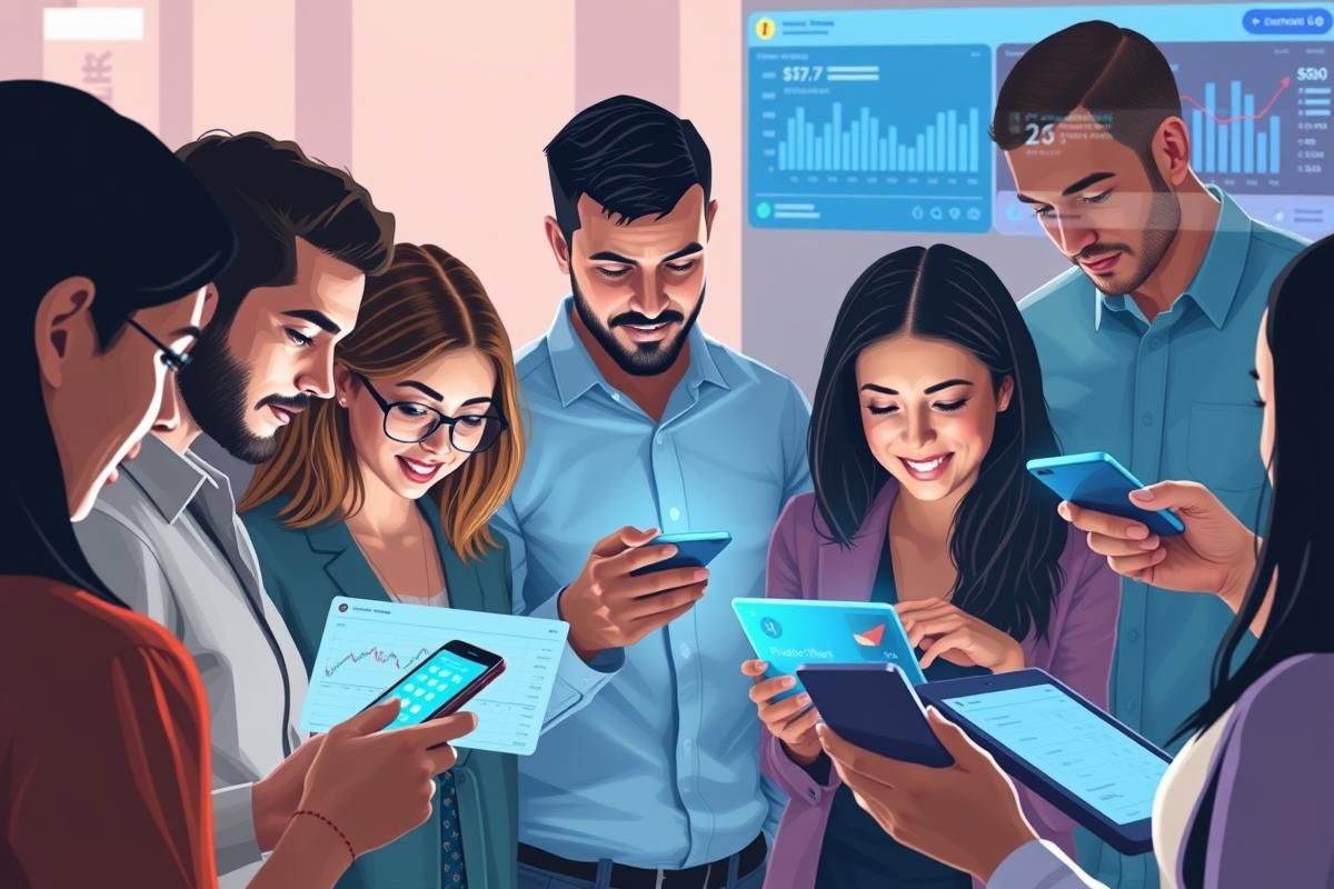 Diverse people interacting with prediction markets on a social app with data charts visible.