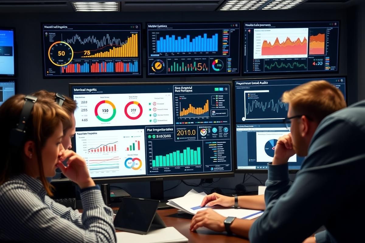 Diverse team conducting a technical performance analysis of a casino website with screens displaying optimization insights.