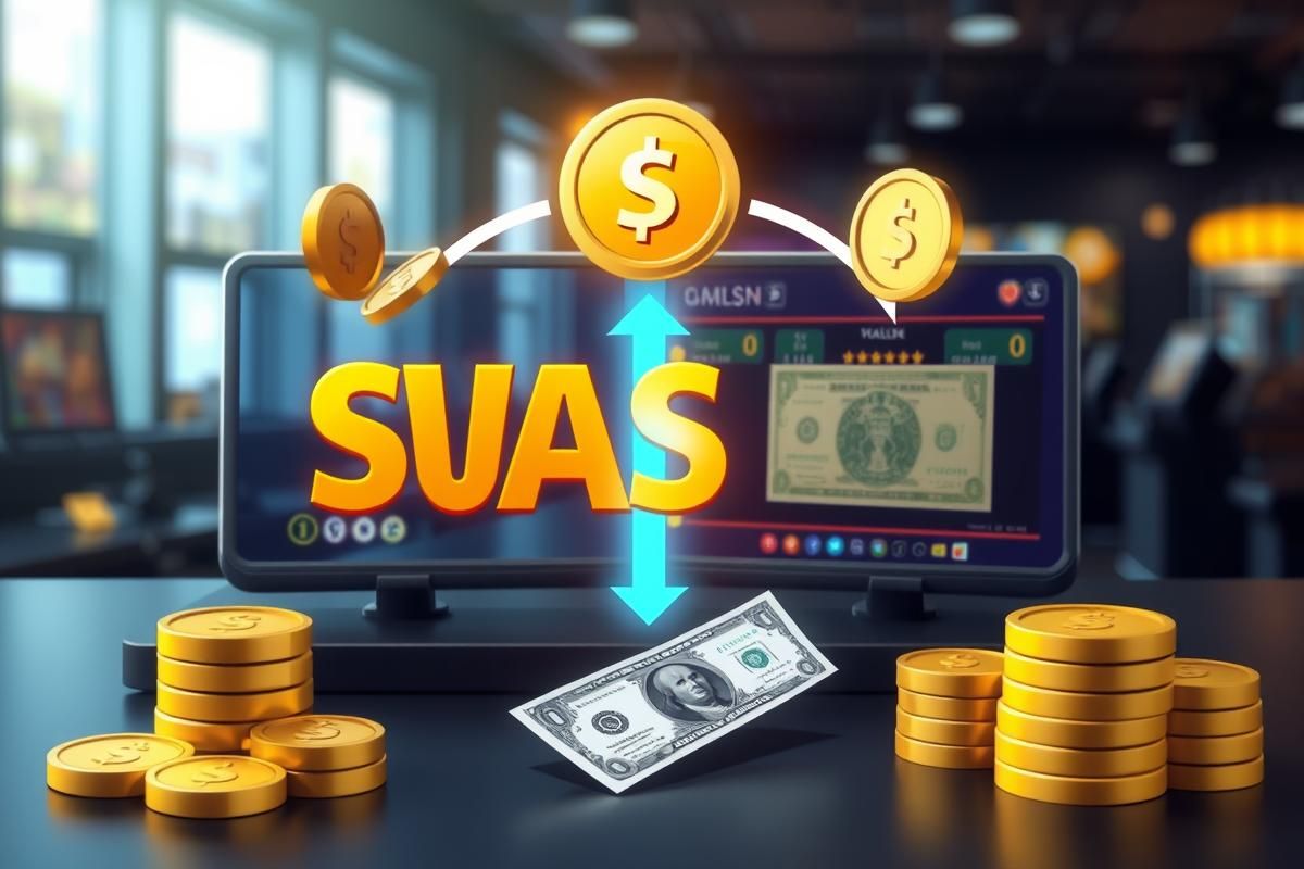 Dual-currency system concept in sweepstakes gaming transitioning tokens to cash value.