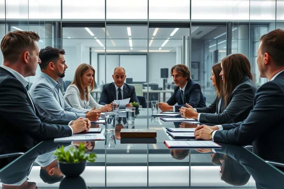 Entain board members discussing governance and compliance in a modern corporate meeting room.