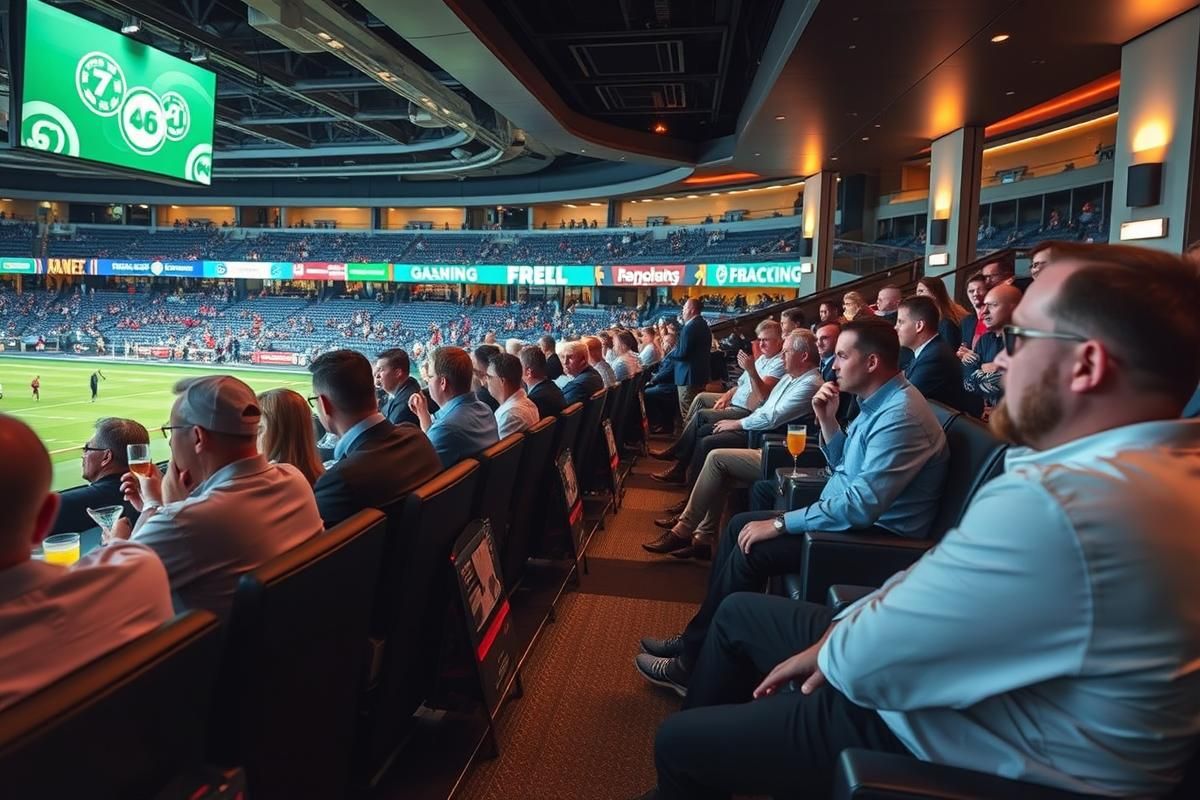 Exclusive VIP section at a sporting event with gambling advertisements subtly visible.